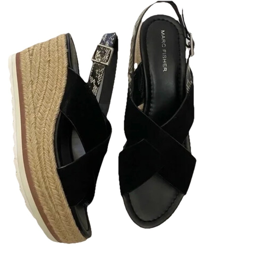 MARC FISHER Zevra Black Multi Suede Wedge Espadrille Womens 8.5
